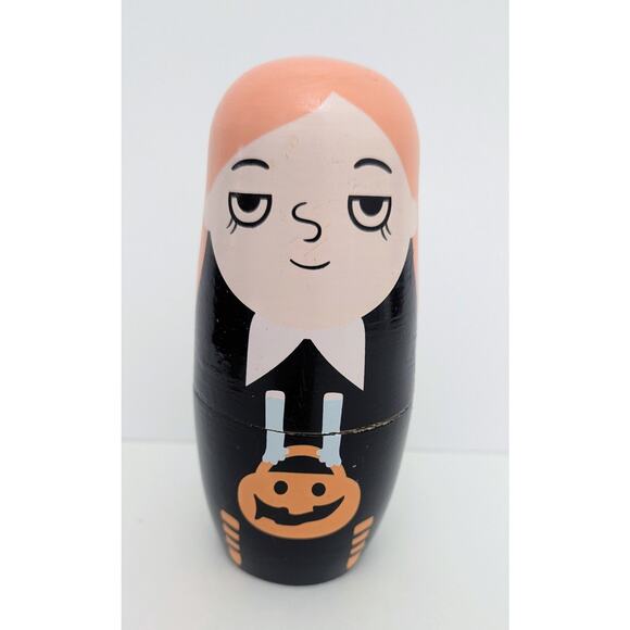 Nesting Wooden Halloween Matryoshka Dolls Black Orange Wednesday Addams Skull - Picture 4 of 4